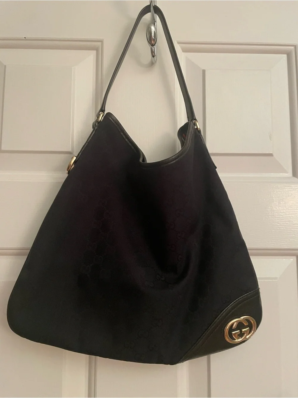 Gucci Black GG Canvas Shoulder Hobo with Gold Double G